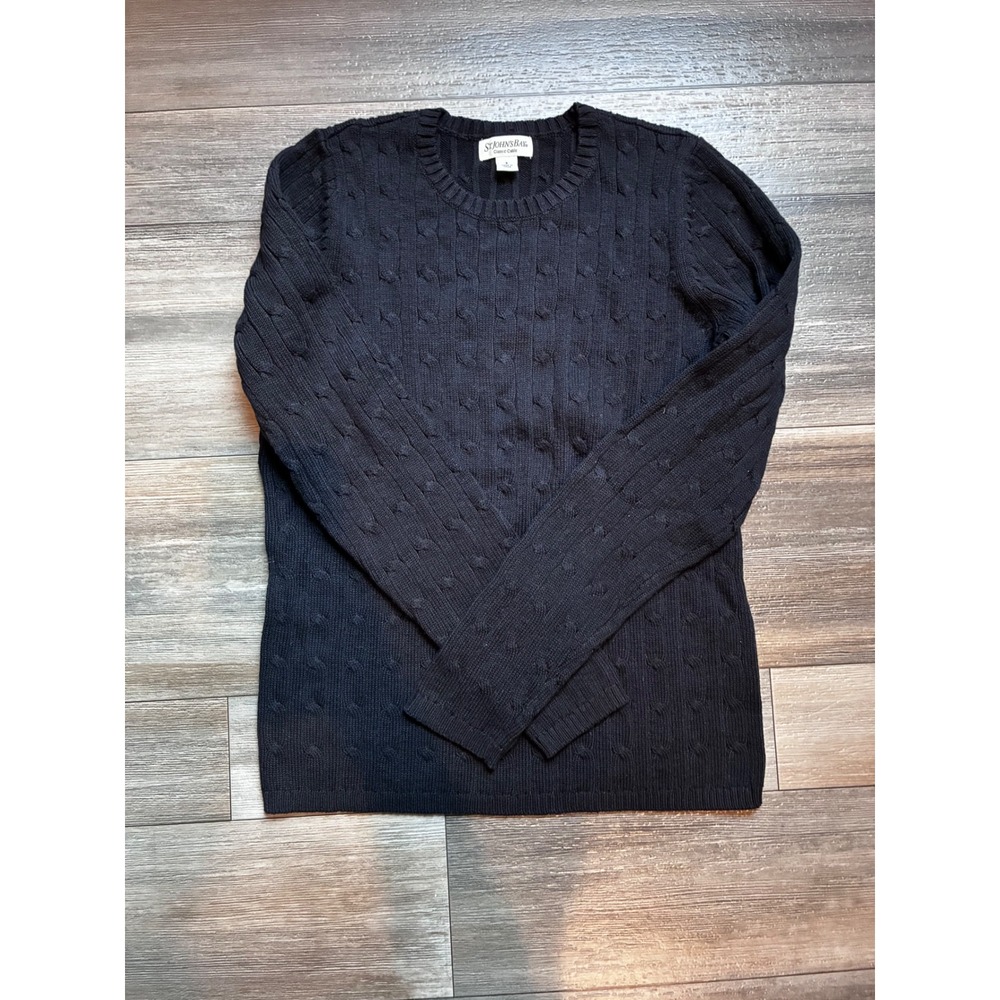 St Johns Bay Classic Cable Knit Sweater Black Crew Neck Pullover Small